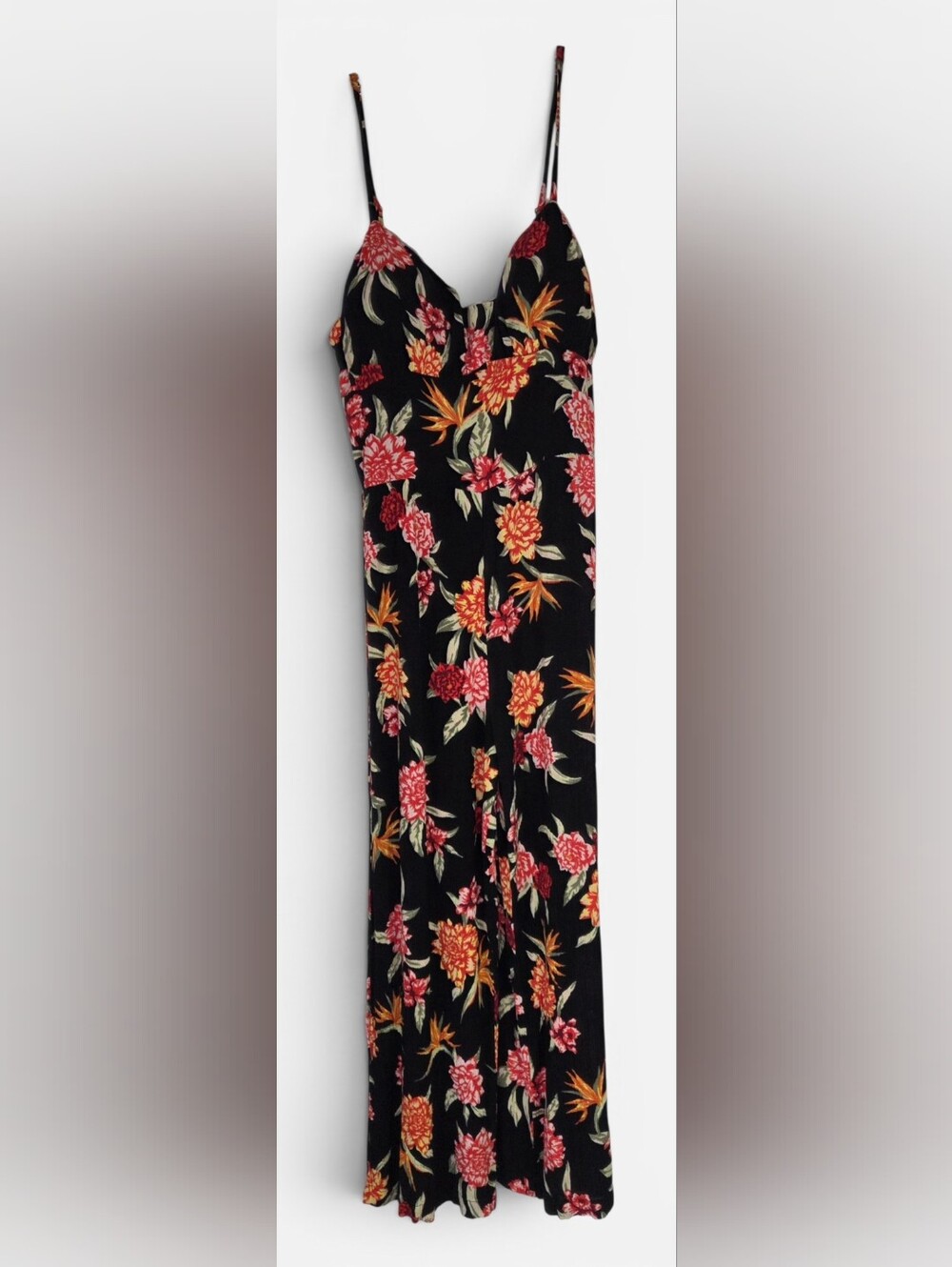 Derek Heart Tropical Floral Jumpsuit Black Orange Red Wide Leg Womans Small - Picture 1 of 10